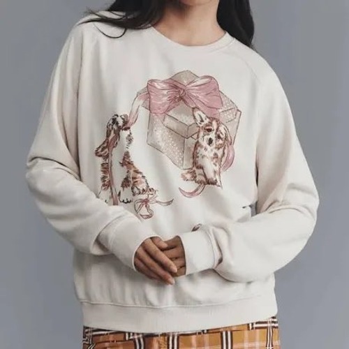 Maeve Anthropologie Puppy Gift Graphic Sweatshirt Cream Pink Xs New With Tags